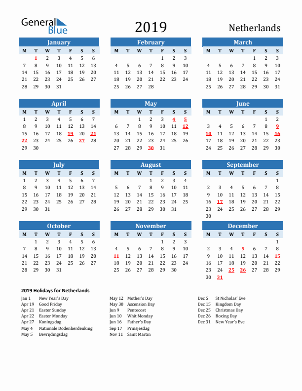 Printable Calendar 2019 with The Netherlands Holidays (Monday Start)