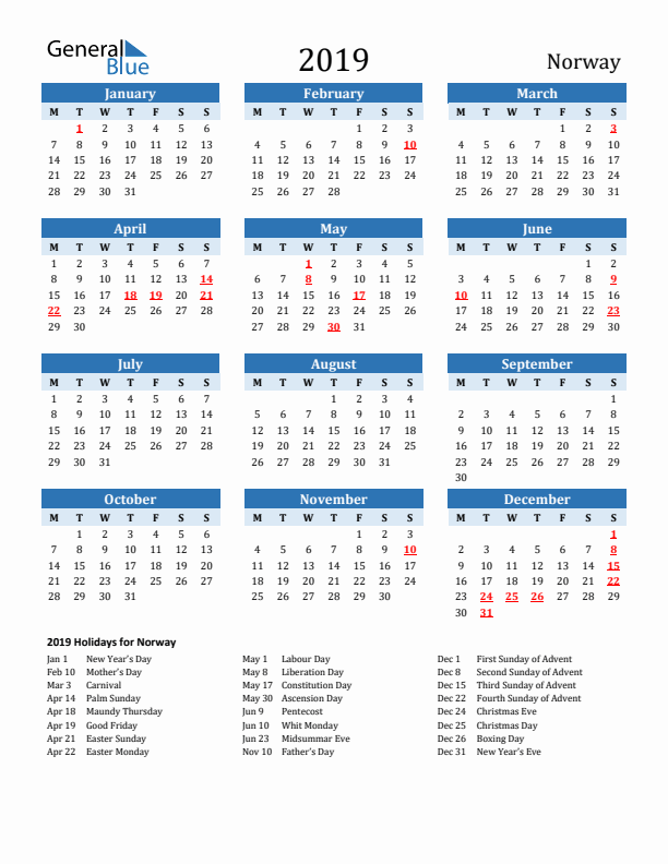 Printable Calendar 2019 with Norway Holidays (Monday Start)