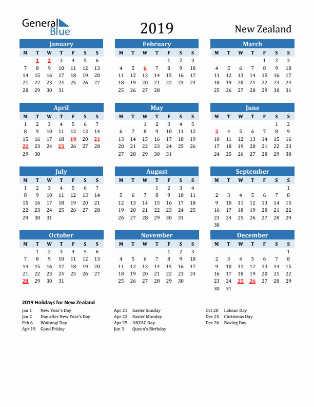 Printable Calendar 2019 with New Zealand Holidays (Monday Start)