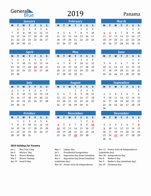 Printable Calendar 2019 with Panama Holidays (Monday Start)