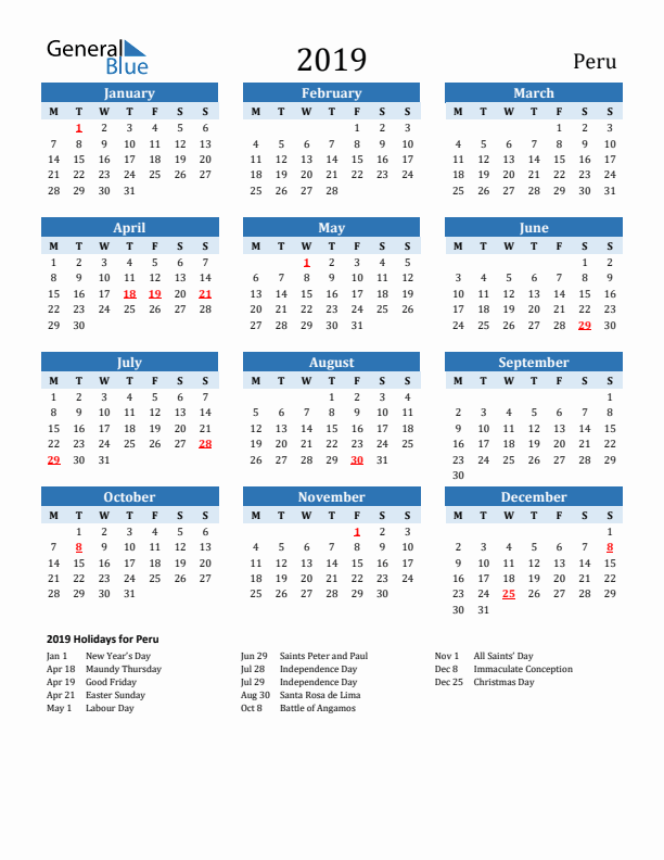 Printable Calendar 2019 with Peru Holidays (Monday Start)