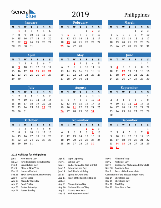 Printable Calendar 2019 with Philippines Holidays (Monday Start)