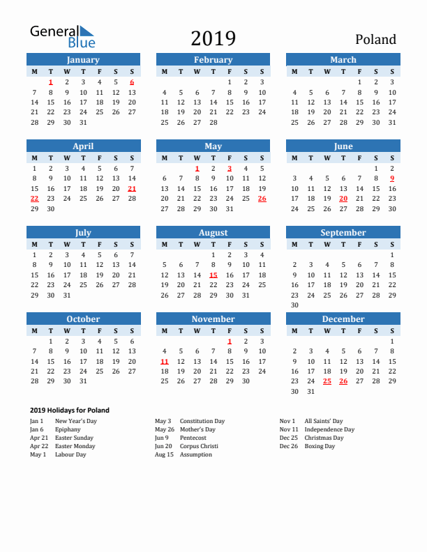Printable Calendar 2019 with Poland Holidays (Monday Start)