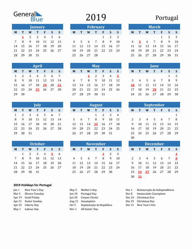 Printable Calendar 2019 with Portugal Holidays (Monday Start)