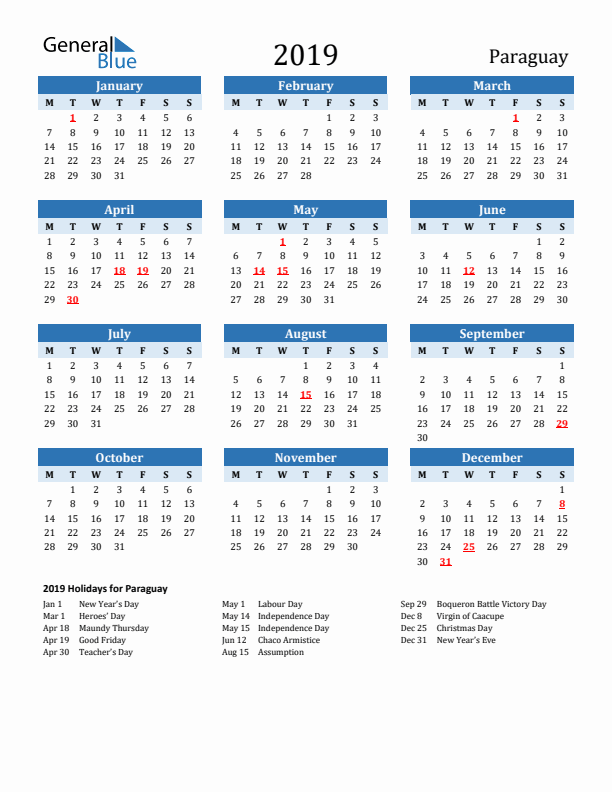 Printable Calendar 2019 with Paraguay Holidays (Monday Start)