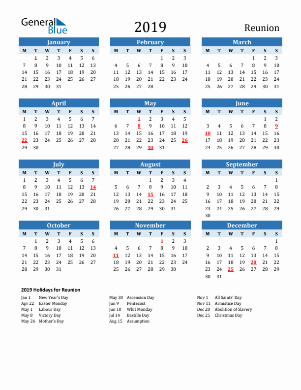 Printable Calendar 2019 with Reunion Holidays (Monday Start)
