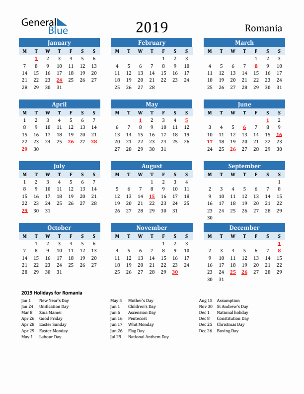Printable Calendar 2019 with Romania Holidays (Monday Start)