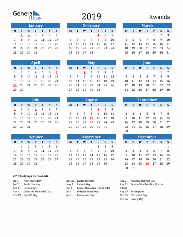 Printable Calendar 2019 with Rwanda Holidays (Monday Start)
