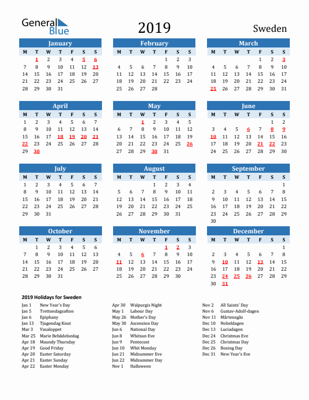 Printable Calendar 2019 with Sweden Holidays (Monday Start)