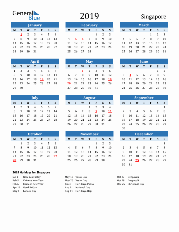 Printable Calendar 2019 with Singapore Holidays (Monday Start)