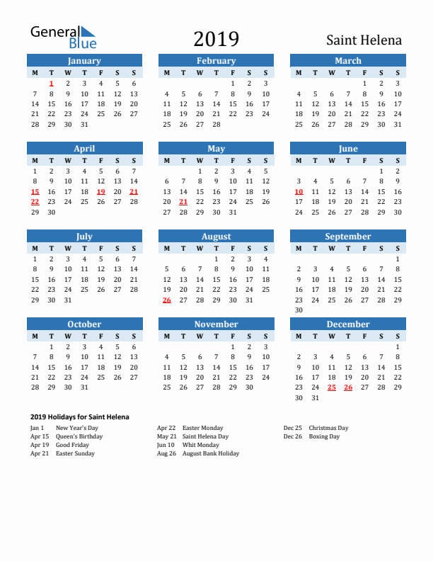 Printable Calendar 2019 with Saint Helena Holidays (Monday Start)