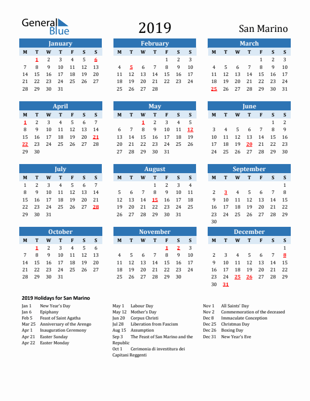 Printable Calendar 2019 with San Marino Holidays (Monday Start)