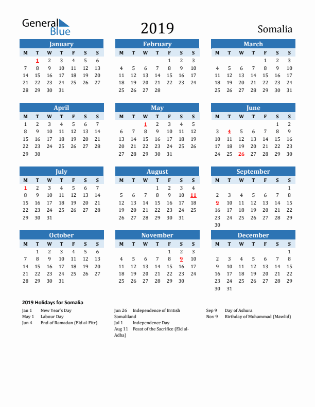 Printable Calendar 2019 with Somalia Holidays (Monday Start)