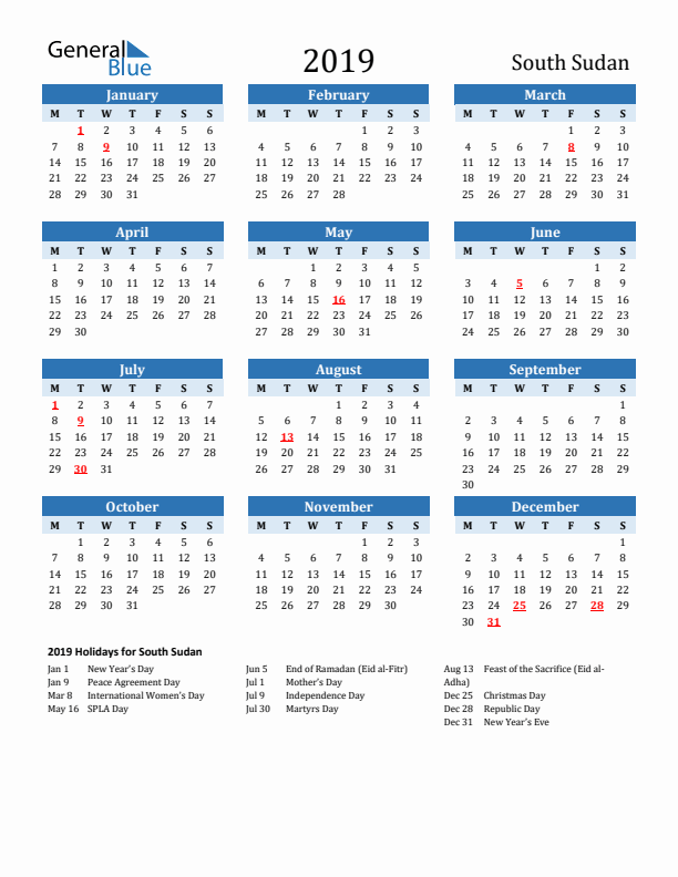 Printable Calendar 2019 with South Sudan Holidays (Monday Start)