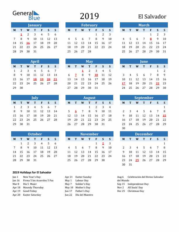 Printable Calendar 2019 with El Salvador Holidays (Monday Start)