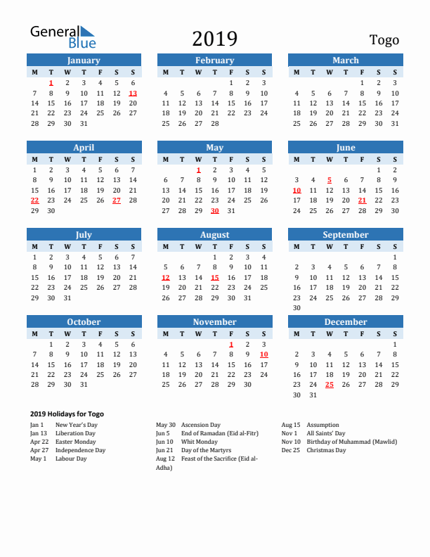 Printable Calendar 2019 with Togo Holidays (Monday Start)