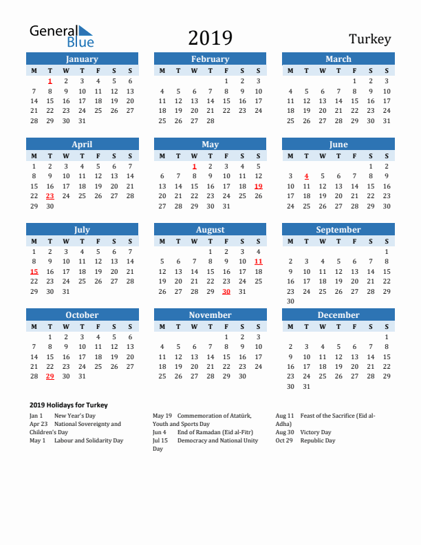 Printable Calendar 2019 with Turkey Holidays (Monday Start)