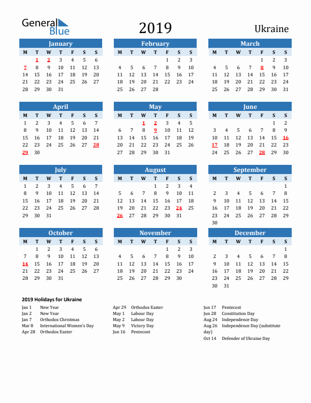 Printable Calendar 2019 with Ukraine Holidays (Monday Start)