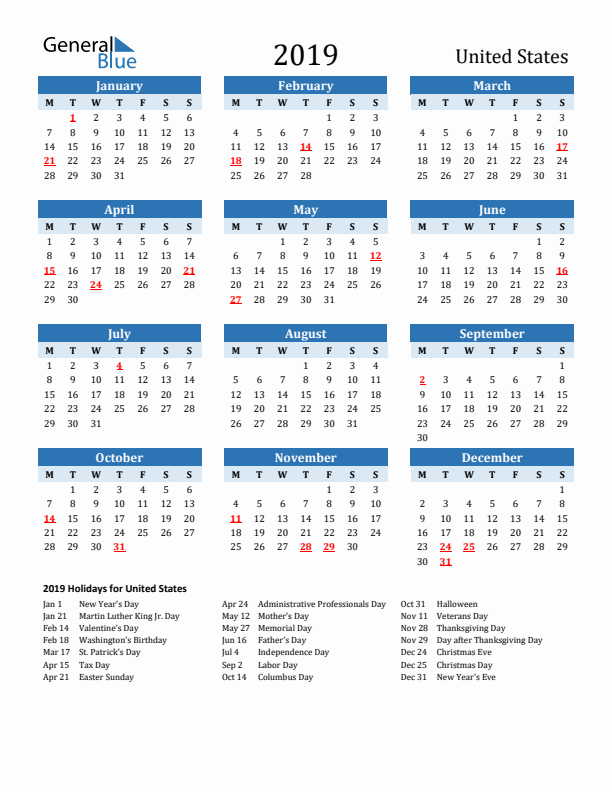 Printable Calendar 2019 with United States Holidays (Monday Start)