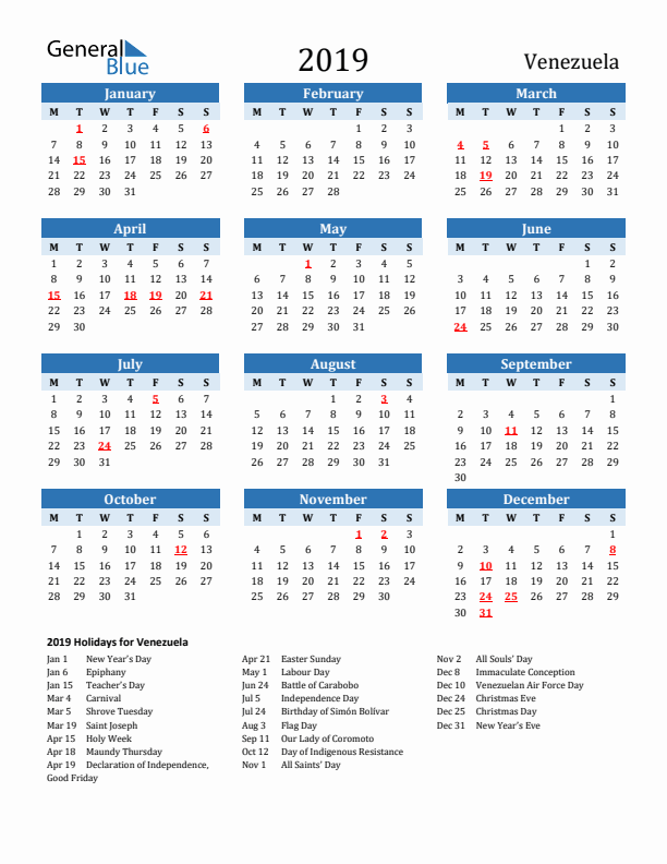 Printable Calendar 2019 with Venezuela Holidays (Monday Start)