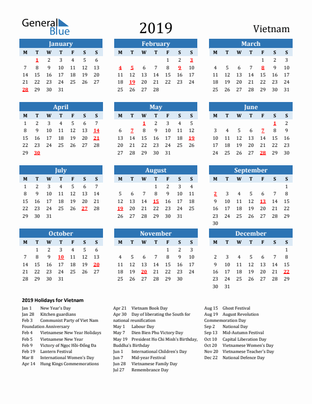 Printable Calendar 2019 with Vietnam Holidays (Monday Start)