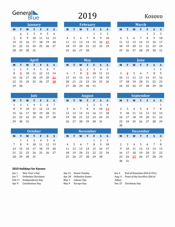 Printable Calendar 2019 with Kosovo Holidays (Monday Start)