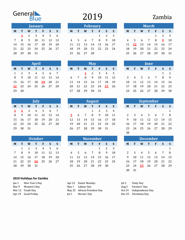 Printable Calendar 2019 with Zambia Holidays (Monday Start)