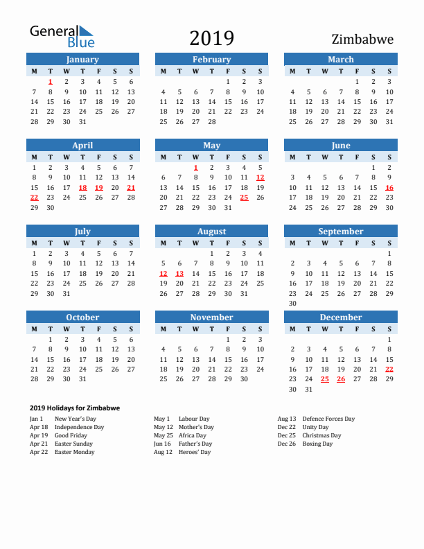 Printable Calendar 2019 with Zimbabwe Holidays (Monday Start)