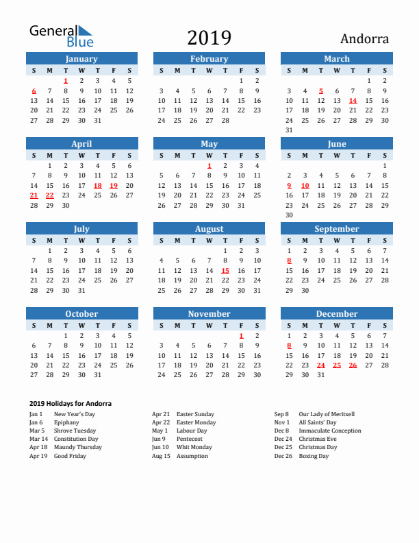 Printable Calendar 2019 with Andorra Holidays (Sunday Start)