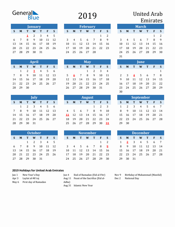 Printable Calendar 2019 with United Arab Emirates Holidays (Sunday Start)