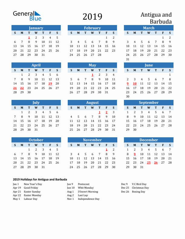 Printable Calendar 2019 with Antigua and Barbuda Holidays (Sunday Start)