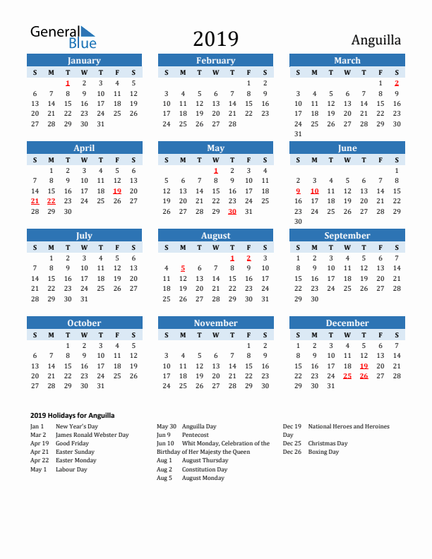 Printable Calendar 2019 with Anguilla Holidays (Sunday Start)