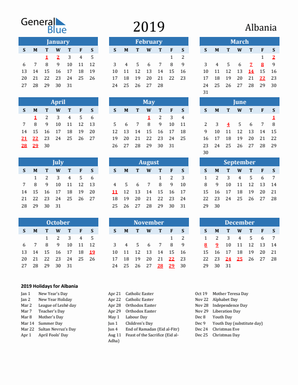 Printable Calendar 2019 with Albania Holidays (Sunday Start)