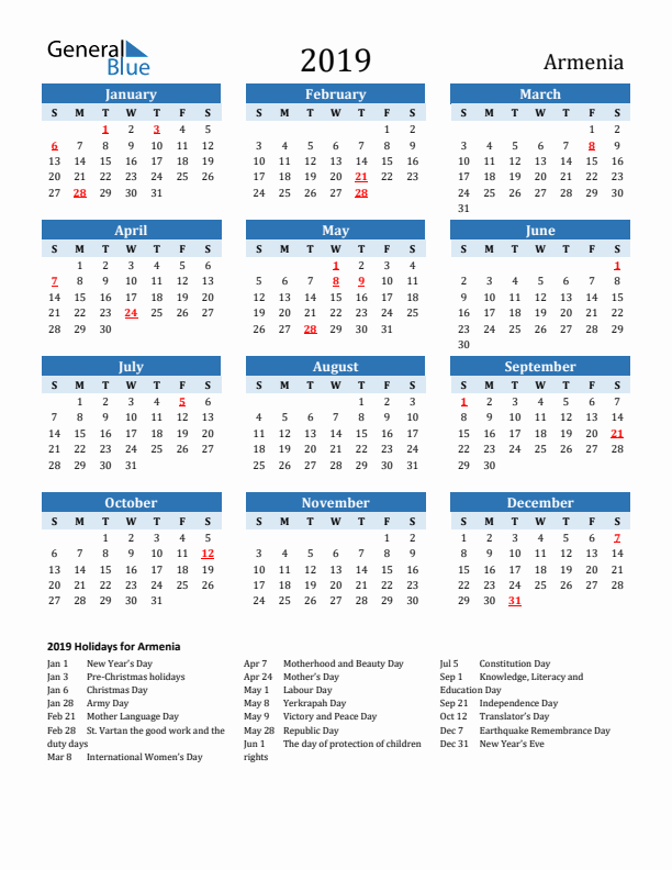 Printable Calendar 2019 with Armenia Holidays (Sunday Start)