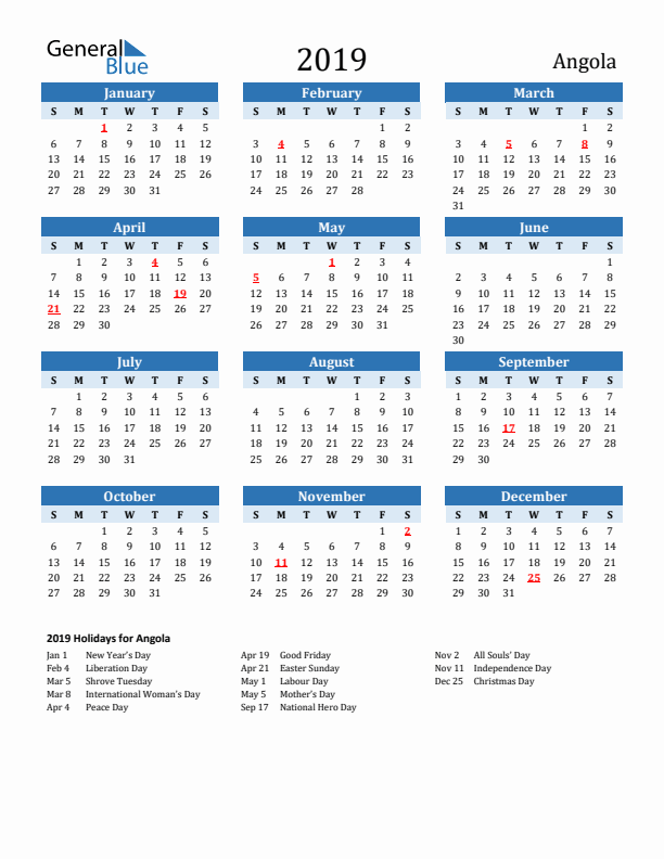 Printable Calendar 2019 with Angola Holidays (Sunday Start)