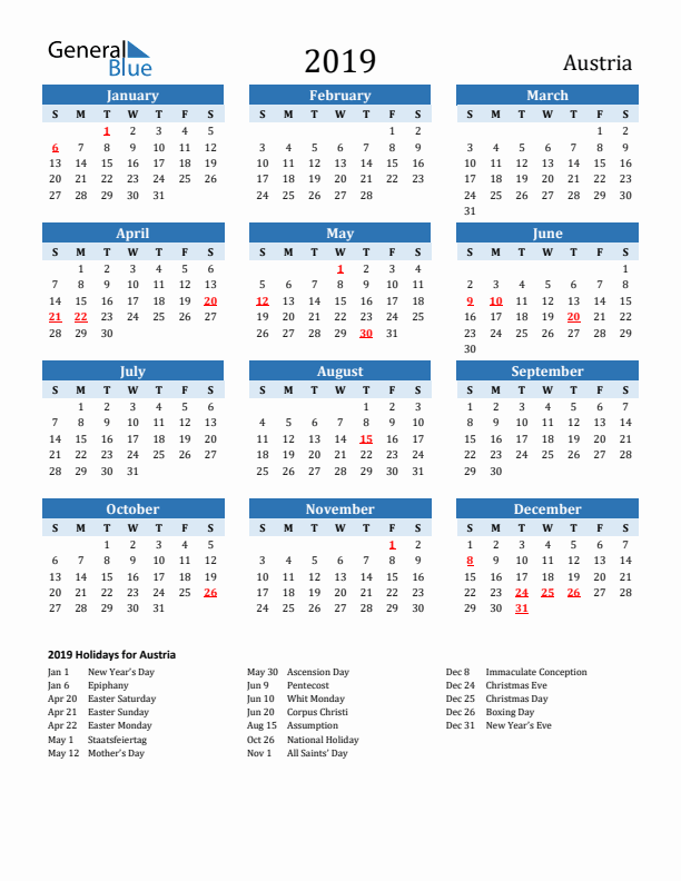 Printable Calendar 2019 with Austria Holidays (Sunday Start)