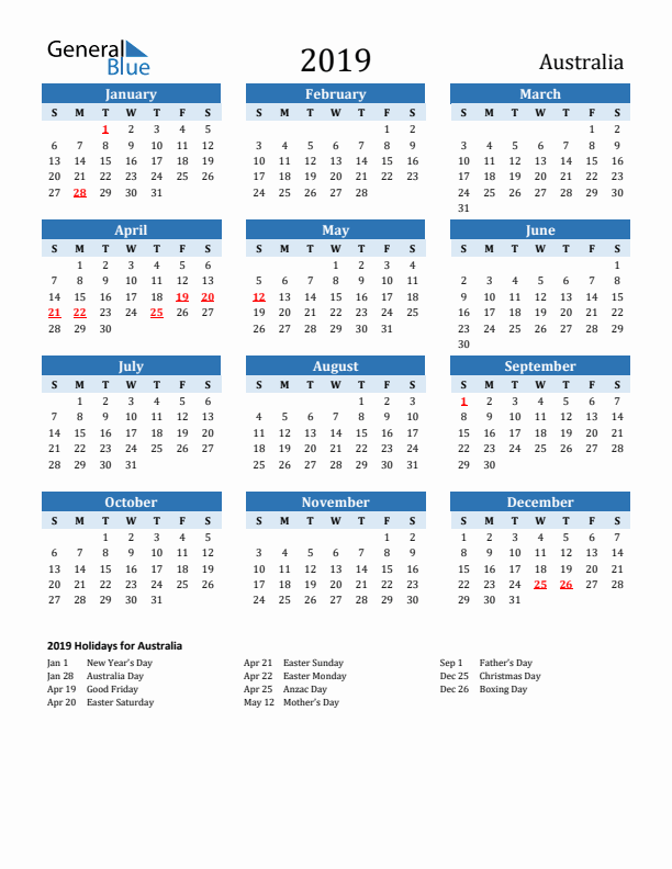 Printable Calendar 2019 with Australia Holidays (Sunday Start)