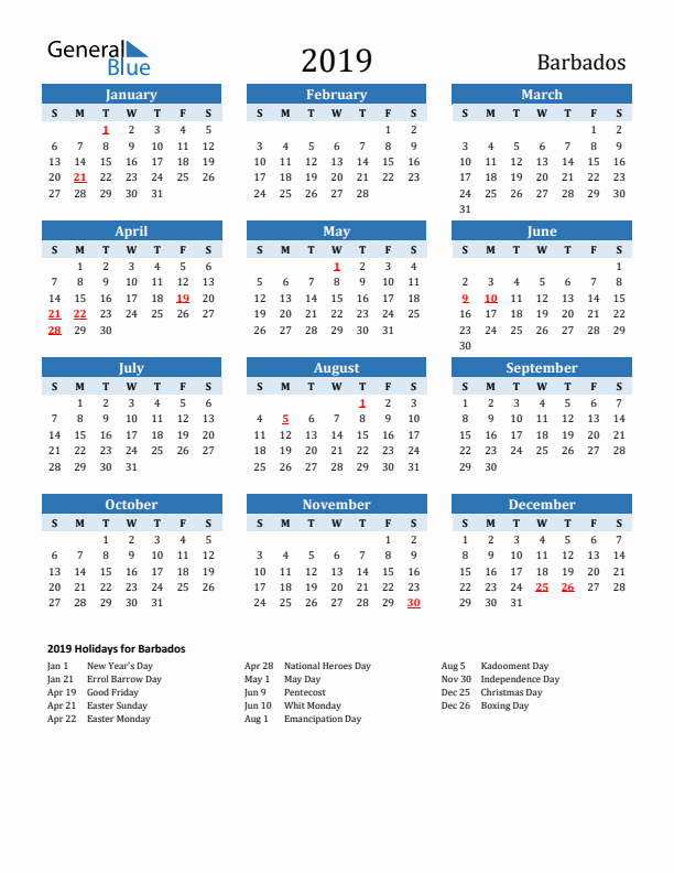 Printable Calendar 2019 with Barbados Holidays (Sunday Start)