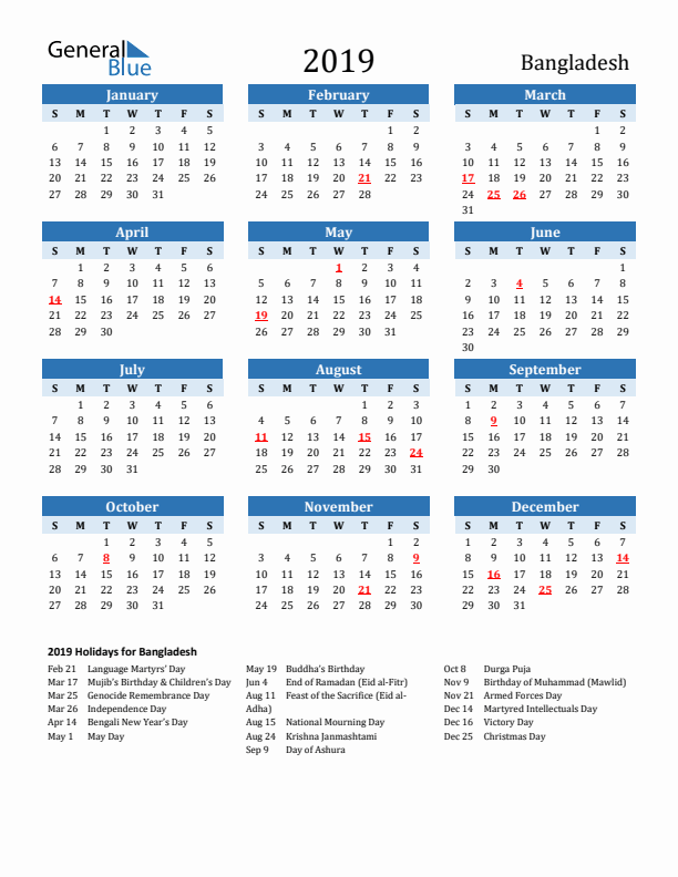 Printable Calendar 2019 with Bangladesh Holidays (Sunday Start)