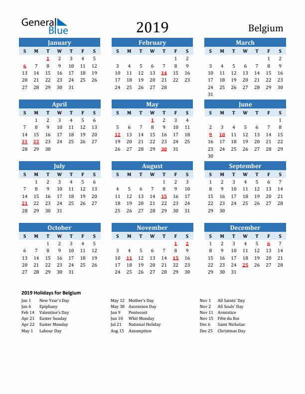 Printable Calendar 2019 with Belgium Holidays (Sunday Start)