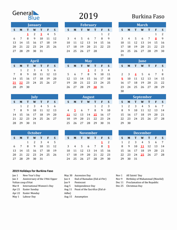 Printable Calendar 2019 with Burkina Faso Holidays (Sunday Start)