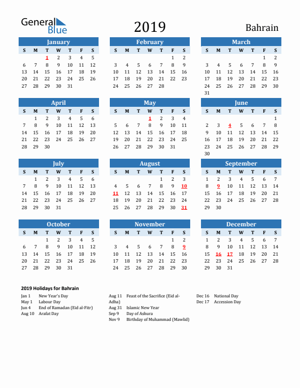 Printable Calendar 2019 with Bahrain Holidays (Sunday Start)