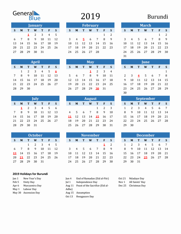 Printable Calendar 2019 with Burundi Holidays (Sunday Start)