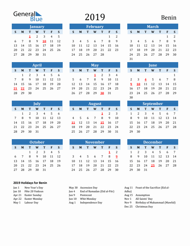Printable Calendar 2019 with Benin Holidays (Sunday Start)