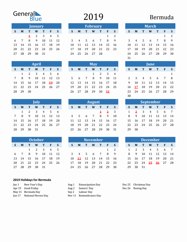 Printable Calendar 2019 with Bermuda Holidays (Sunday Start)