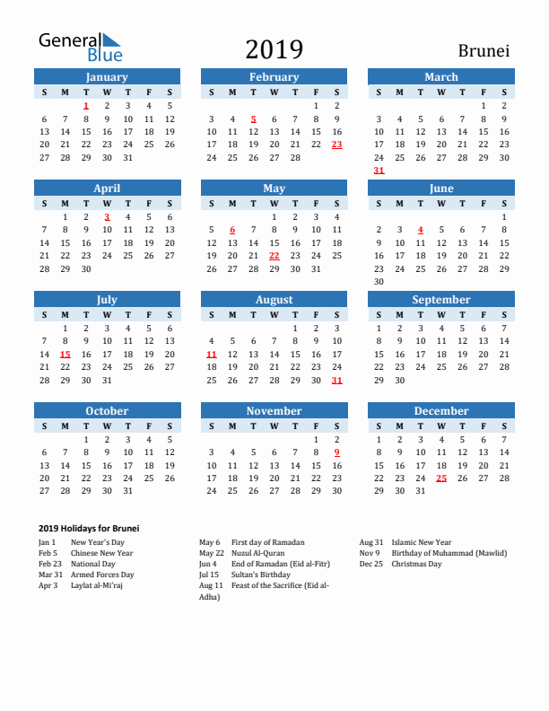 Printable Calendar 2019 with Brunei Holidays (Sunday Start)