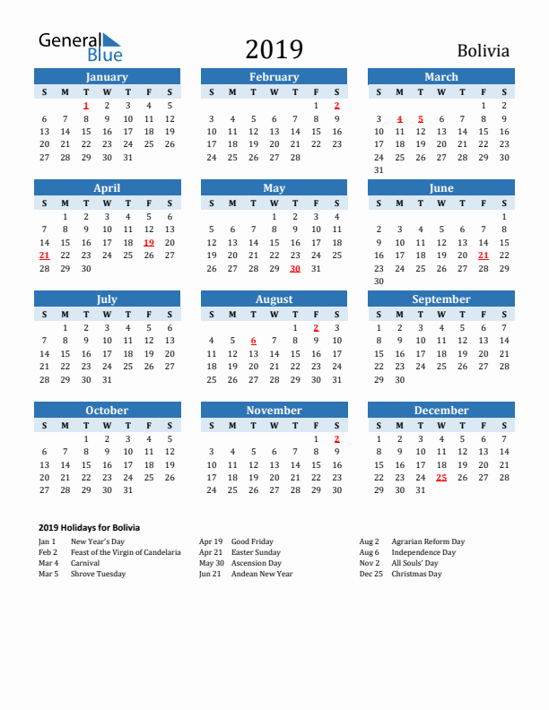 Printable Calendar 2019 with Bolivia Holidays (Sunday Start)