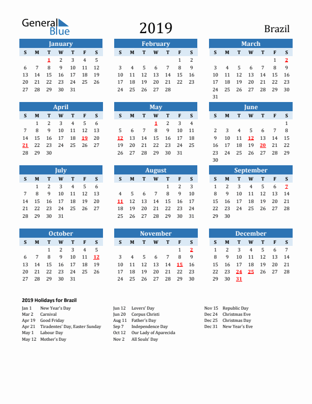 Printable Calendar 2019 with Brazil Holidays (Sunday Start)