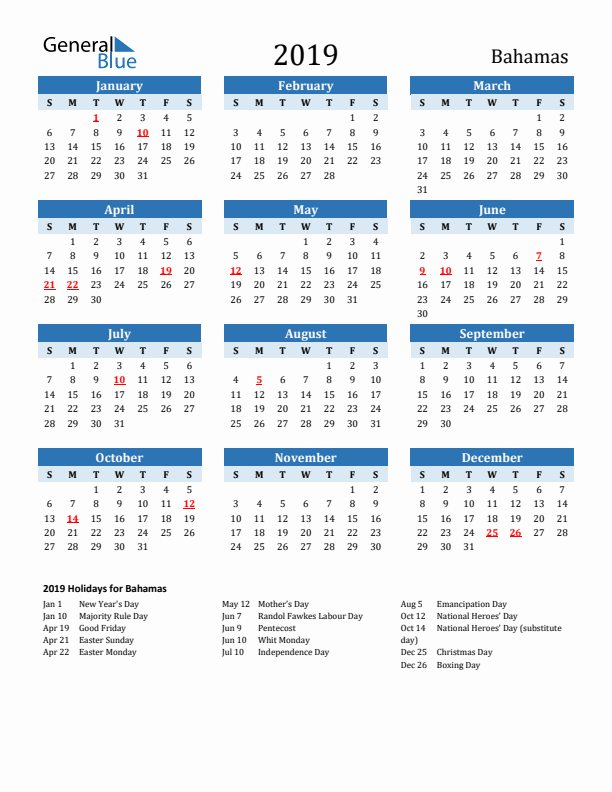 Printable Calendar 2019 with Bahamas Holidays (Sunday Start)