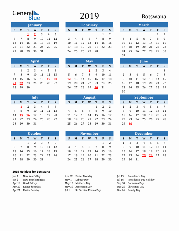 Printable Calendar 2019 with Botswana Holidays (Sunday Start)